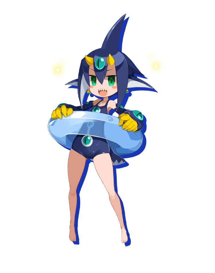 1girl barefoot blue_hair desco_(disgaea) disgaea disgaea_rpg drop_shadow earrings full_body green_eyes horns innertube jewelry official_art one-piece_swimsuit open_mouth pointy_ears sharp_teeth solo swimsuit tail teeth transparent_background upper_teeth