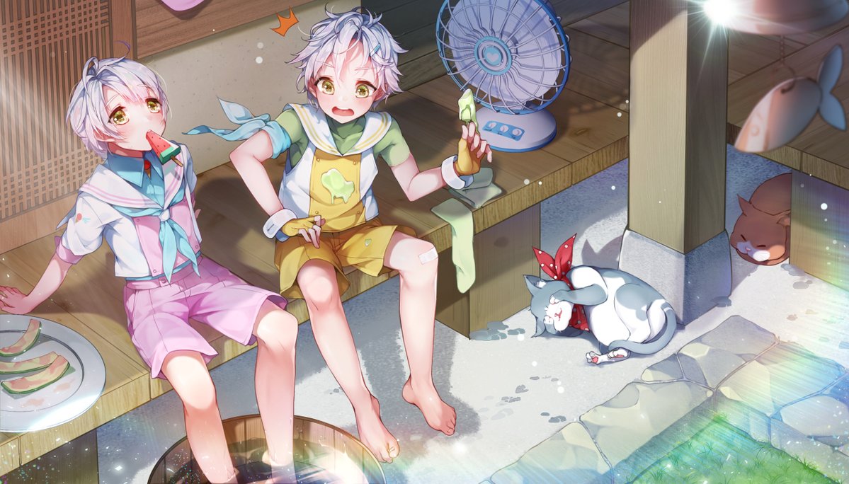 2boys air_conditioner barefoot brothers cat double_scoop_(food_fantasy) fingerless_gloves food food_fantasy gloves hat multiple_boys no_hat no_headwear open_mouth pink_eyes popsicle sailor_collar sailor_hat short_hair shorts siblings sitting strawberry_(food_fantasy) tatami vanilla_(food_fantasy) watermelon_bar white_hair yellow_eyes