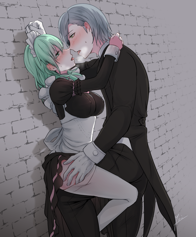 1boy 1girl after_kiss against_wall alternate_costume apron arms_around_neck ashe_ubert black_pants black_shirt black_skirt breasts breasts_apart byleth_(fire_emblem) byleth_eisner_(female) couple covered_nipples enmaided fire_emblem fire_emblem:_three_houses gloves green_eyes green_hair hetero leg_between_thighs lifted_by_another long_hair long_sleeves maid maid_headdress medium_breasts open_mouth pants saliva saliva_trail shirt short_over_long_sleeves short_sleeves silver_hair skirt skirt_lift sweatdrop thigh-highs tongue tongue_out white_apron white_gloves white_legwear yori_(a_a_yori)