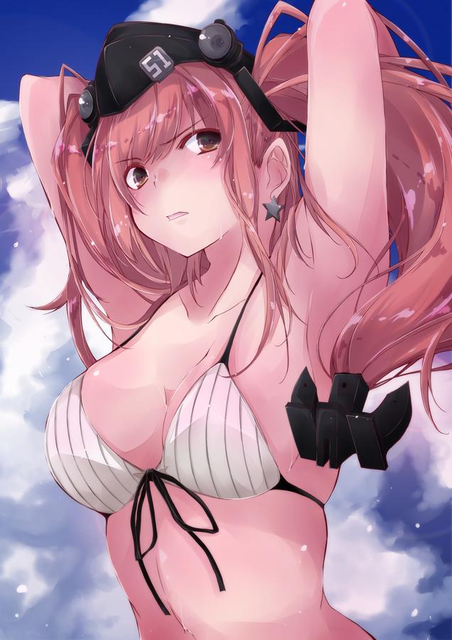 1girl adapted_costume anchor_hair_ornament arms_behind_head atlanta_(kantai_collection) bikini black_headwear blue_sky breasts brown_hair clouds commentary_request earrings garrison_cap grey_eyes hair_ornament hat jewelry kantai_collection large_breasts long_hair looking_to_the_side sky solo star_(symbol) star_earrings striped striped_bikini swimsuit two_side_up upper_body white_bikini yumesato_makura