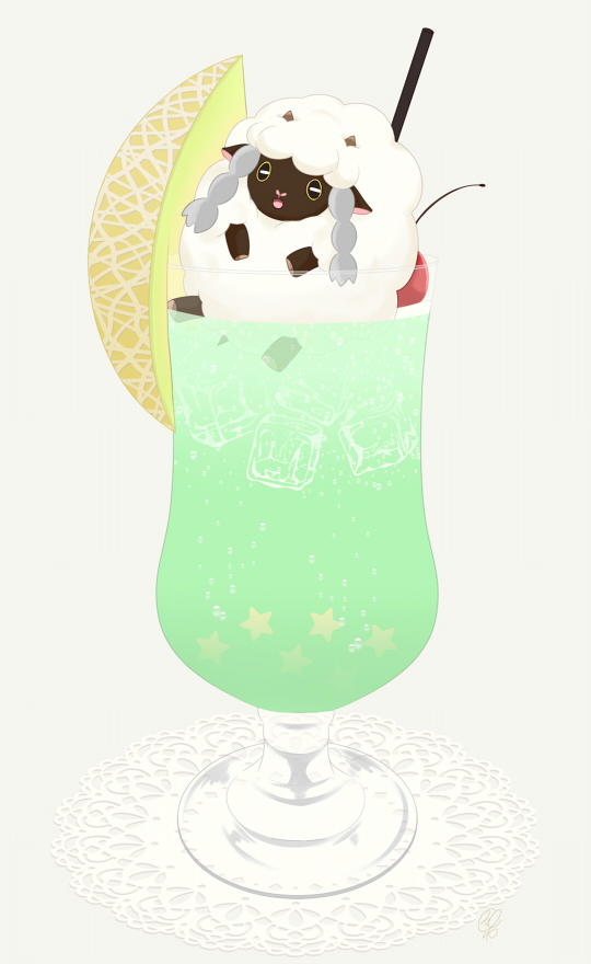amano_himame beige_background cherry cocktail cocktail_glass commentary_request cup drinking_glass drinking_straw food fruit gen_8_pokemon glass ice ice_cube no_humans pokemon pokemon_(creature) sheep slit_pupils star_(symbol) wooloo