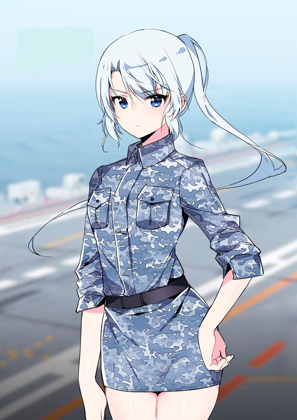 1girl aircraft_carrier anniversary blue_eyes camouflage_print chinese_commentary commentary_request highres military military_uniform military_vehicle miniskirt navy nrst ocean original people's_liberation_army ponytail real_life ship skirt solo uniform warship watercraft white_hair