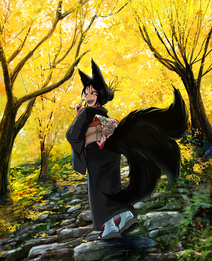 1girl :d animal_ears black_kimono black_nails black_sclera doitsuken fingernails forest fox_ears fox_tail from_behind japanese_clothes kimono kitsune_spirit_(doitsuken) long_sleeves looking_at_viewer nail_polish nature obi open_mouth original outdoors sash sharp_fingernails sharp_teeth smile solo tail teeth wide_sleeves yellow_eyes