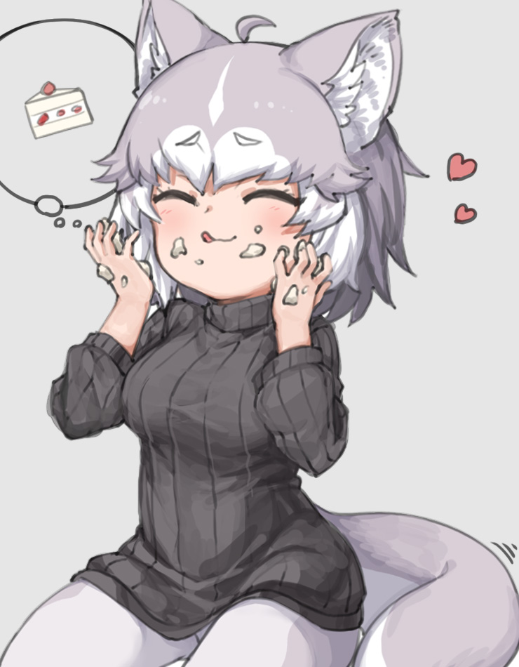 1girl :3 :q ^_^ ahoge alternate_costume animal_ear_fluff animal_ears bangs black_sweater cake closed_eyes closed_mouth dog_(mixed_breed)_(kemono_friends) dog_ears dog_girl dog_tail eyebrows_visible_through_hair food food_on_face grey_background grey_hair hands_up heart kemono_friends long_sleeves multicolored_hair nyifu pantyhose ribbed_sweater short_hair simple_background solo sweater tail thought_bubble tongue tongue_out turtleneck turtleneck_sweater two-tone_hair white_hair white_legwear