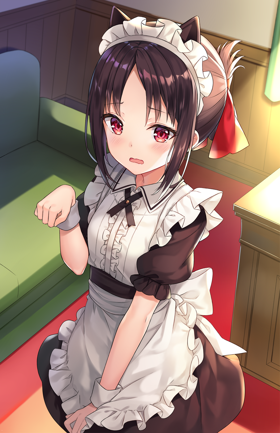 1girl alternate_costume animal_ears apron artist_name bangs blush brown_dress brown_hair center_frills collared_shirt couch curtains day desk dress enmaided folded_ponytail frilled_apron frills hair_ribbon hand_up highres hitsukuya indoors kaguya-sama_wa_kokurasetai_~tensai-tachi_no_renai_zunousen~ kemonomimi_mode looking_at_viewer maid maid_headdress open_mouth parted_bangs puffy_short_sleeves puffy_sleeves red_eyes red_ribbon ribbon shinomiya_kaguya shirt short_sleeves sidelocks signature solo standing sunlight wavy_mouth white_apron white_shirt wrist_cuffs