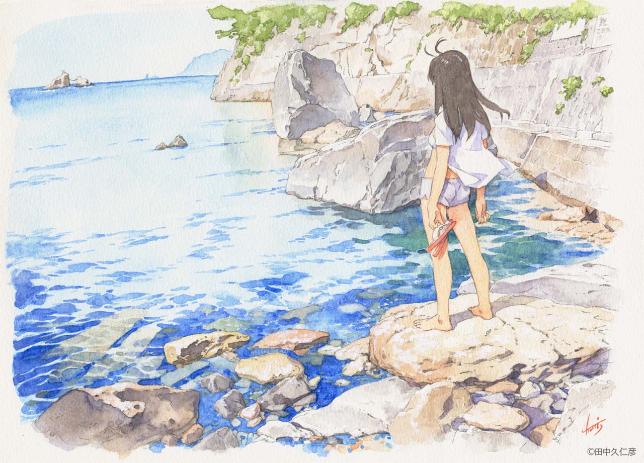 1girl bare_legs black_hair facing_away from_behind open_clothes open_shirt original outdoors rock sandals sandals_removed scenery shore short_sleeves shorts solo tanaka_kunihiko traditional_media water watercolor_(medium) white_shorts