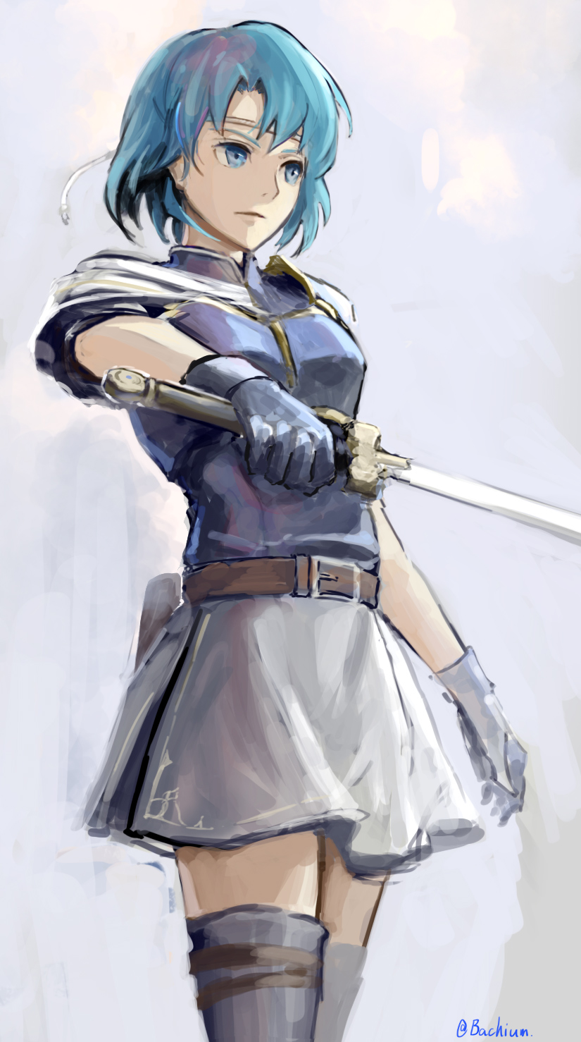 1girl belt belt_buckle blue_eyes blue_gloves blue_hair blue_jacket brown_belt buckle closed_mouth fire_emblem fire_emblem:_the_binding_blade gloves grey_background highres holding holding_sword holding_weapon jacket miniskirt samohichi short_hair skirt sleeveless sleeveless_jacket solo standing sword thea_(fire_emblem) weapon white_skirt