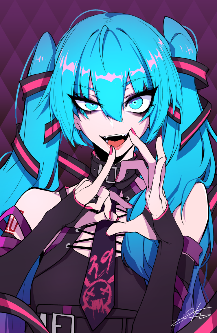 1girl aqua_eyes aqua_hair choker elbow_gloves eyebrows_visible_through_hair eyes_visible_through_hair fangs fingerless_gloves gloves hand_gesture hands_up hatsune_miku j.k. looking_at_viewer mosaic_background neckwear open_mouth pink_nails purple_neckwear ringed_eyes signature sleeveless solo twintails upper_body vocaloid