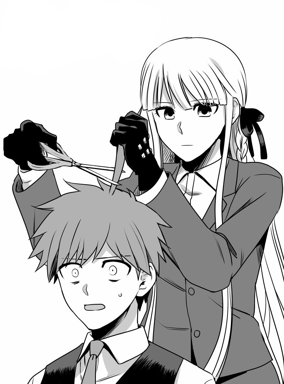 1boy 1girl ahoge bangs blazer braid closed_mouth collared_shirt cutting_hair dangan_ronpa dangan_ronpa_1 dress_shirt eyebrows_visible_through_hair gloves greyscale hair_between_eyes hair_ribbon highres holding holding_scissors jacket kirigiri_kyouko long_hair long_sleeves monochrome naegi_makoto necktie open_mouth ribbon scared scissors shirt single_braid sketti sweatdrop very_long_hair vest wing_collar worried