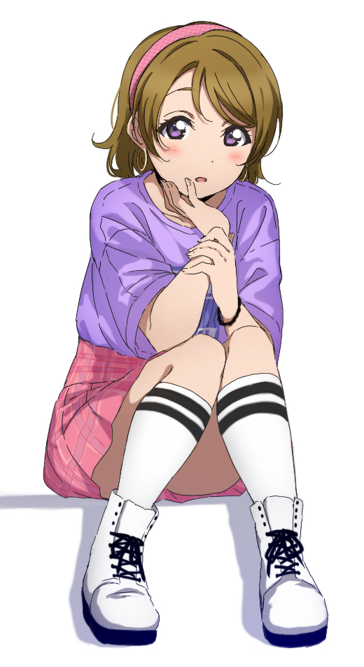 1girl ankle_boots boots brown_hair earrings hairband hoop_earrings icehotmilktea jewelry kneehighs koizumi_hanayo looking_at_viewer love_live! love_live!_school_idol_project medium_hair pink_skirt purple_shirt shirt simple_background sitting skirt solo violet_eyes white_background white_footwear white_legwear