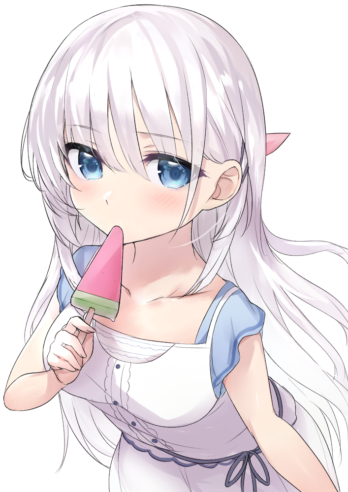 1girl bangs blue_eyes blush breasts collarbone dress eyebrows_visible_through_hair food hair_between_eyes holding holding_food ichijou_(kr_neru0) long_hair naruse_shiroha popsicle silver_hair simple_background sleeveless sleeveless_dress small_breasts solo summer_pockets very_long_hair watermelon_bar white_background white_dress