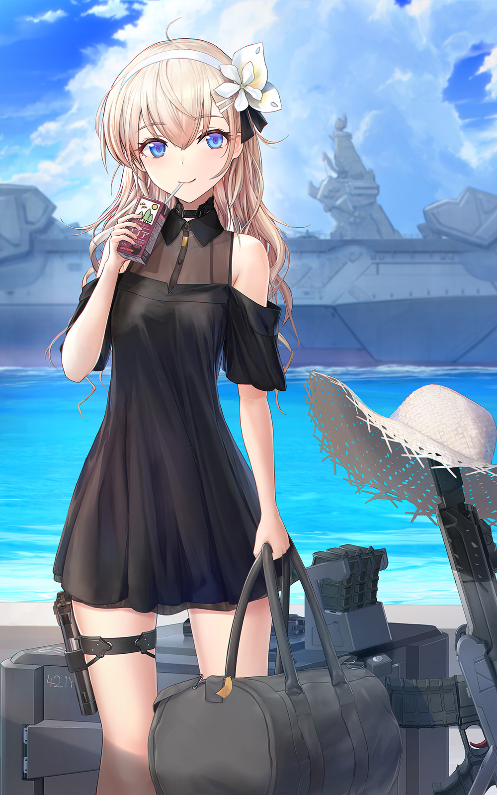 1girl ahoge assault_rifle bag bangs bare_shoulders black_dress blonde_hair blue_eyes blush breasts closed_mouth commentary dress drinking eyebrows_visible_through_hair feet_out_of_frame flower gun hair_flower hair_ornament hairclip handgun hat hat_removed headwear_removed highres holding holding_bag holster holstered_weapon juice_box looking_at_viewer machinery magazine_(weapon) morichika_shuuto original pistol rifle short_sleeves shoulder_cutout small_breasts smile solo standing straw_hat thigh_strap weapon white_flower white_headwear