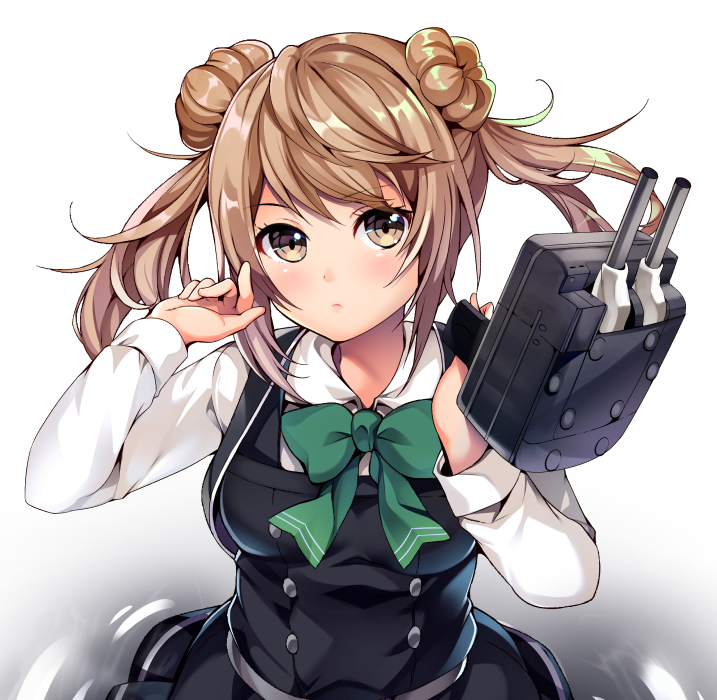 1girl adapted_turret breasts cannon commentary_request double_bun dress gradient gradient_background green_neckwear hair_bun kantai_collection light_brown_hair michishio_(kantai_collection) pinafore_dress remodel_(kantai_collection) ruri_rarako shirt short_twintails small_breasts solo turret twintails upper_body white_background white_shirt