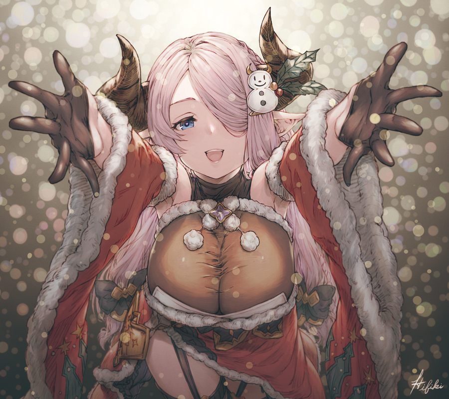 1girl bare_shoulders black_gloves black_legwear blue_eyes braid breasts commentary detached_sleeves draph from_above fur-trimmed_sleeves fur_trim garter_belt garters gloves granblue_fantasy hair_ornament hair_over_one_eye heart heart-shaped_pupils horns incoming_hug ivris large_breasts lavender_hair long_hair long_sleeves looking_at_viewer mistletoe narmaya_(granblue_fantasy) obi open_mouth outstretched_arms outstretched_hand pink_hair pointy_ears pom_pom_(clothes) sash smile snowman_hair_ornament solo symbol-shaped_pupils thigh-highs upper_body very_long_hair