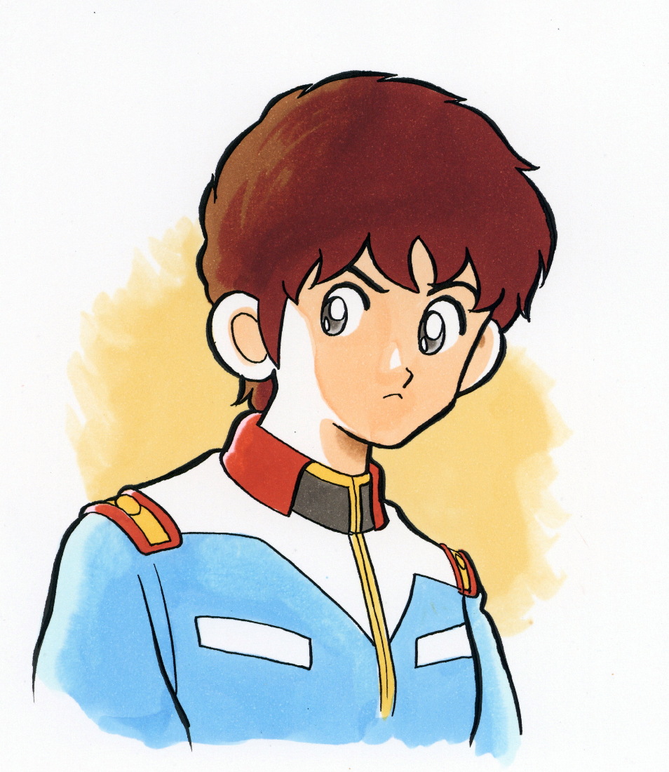 1boy adachi_mitsuru_(style) amuro_ray brown_hair frown grey_eyes gundam male_focus mobile_suit_gundam simple_background solo tanaka_keiichi uniform upper_body