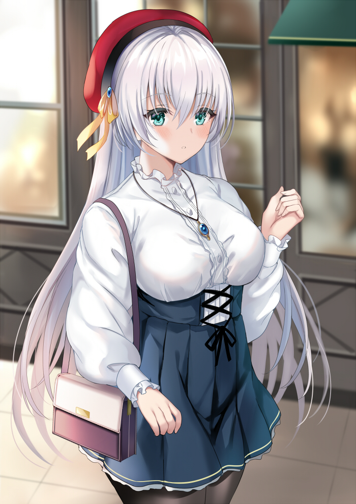 1girl anastasia_(fate/grand_order) arm_up bag beret blue_skirt blurry blurry_background blush breasts eyebrows_visible_through_hair fate/grand_order fate_(series) green_eyes hair_between_eyes harimoji hat high-waist_skirt jewelry long_hair long_sleeves looking_at_viewer medium_breasts necklace outdoors pantyhose red_headwear shirt shoulder_bag skirt solo white_hair white_shirt