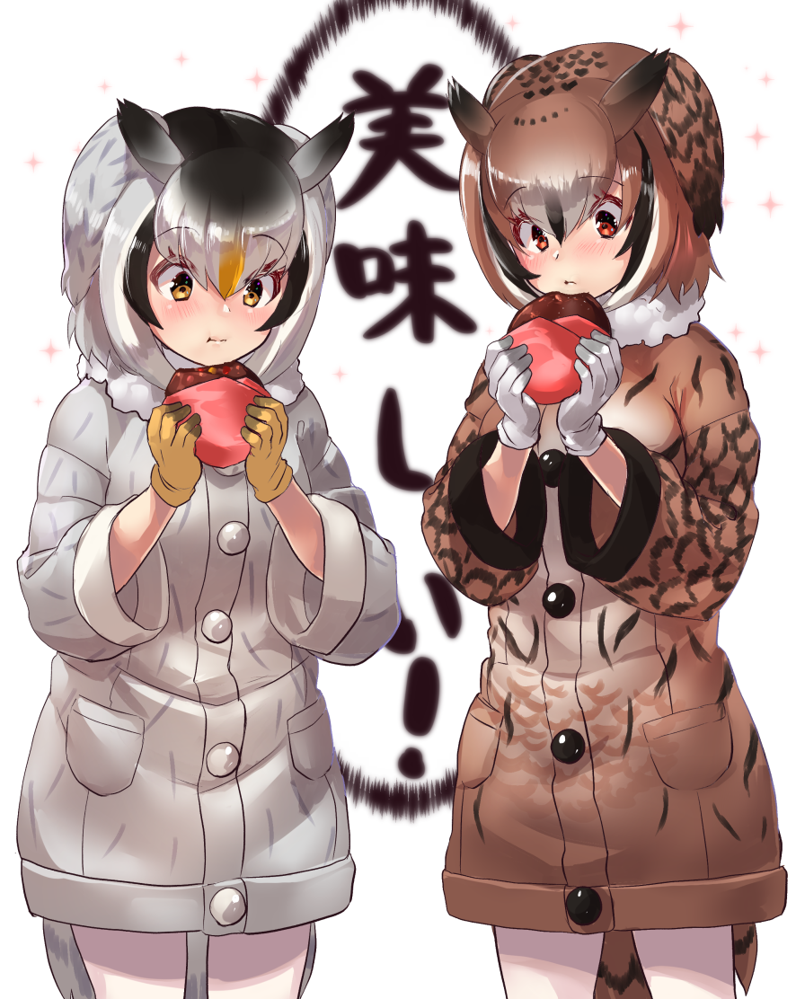 2girls :t bangs bird_tail blush brown_coat brown_hair coat cowboy_shot eating eurasian_eagle_owl_(kemono_friends) food gloves grey_coat grey_hair hair_between_eyes head_wings kemono_friends multiple_girls northern_white-faced_owl_(kemono_friends) orange_hair red_eyes short_hair simple_background tadano_magu translated white_background white_gloves yellow_eyes yellow_gloves