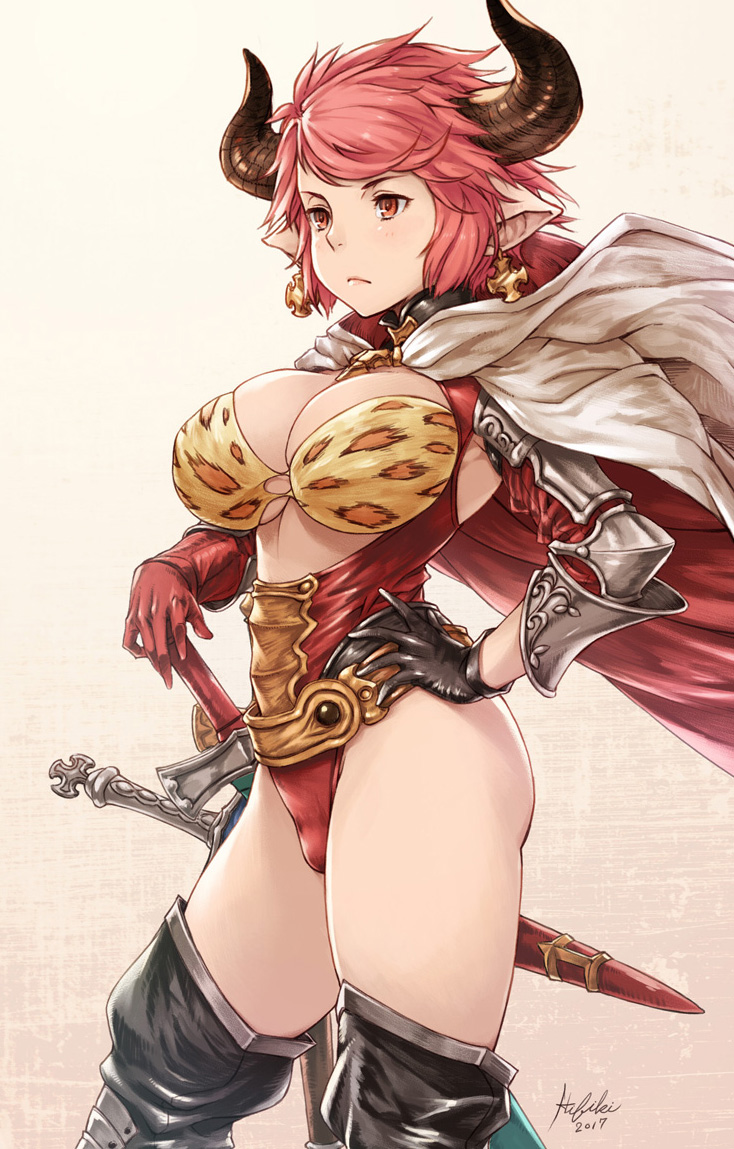 1girl artist_name asymmetrical_gloves black_gloves black_horns black_legwear breasts cape cross cross_earrings dated draph earrings gloves granblue_fantasy hand_on_hip horns ivris jewelry large_breasts looking_away pointy_ears red_eyes red_gloves redhead short_hair solo standing sturm_(granblue_fantasy) sword thigh-highs thighs weapon