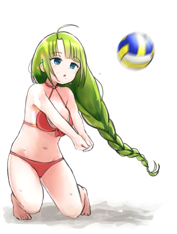 1girl beach_volleyball bikini blue_eyes braid commentary_request full_body green_hair kantai_collection long_hair mole mole_under_mouth motion_blur playing_games red_bikini simple_background solo someno_haru swimsuit very_long_hair volleyball white_background yuugumo_(kantai_collection)