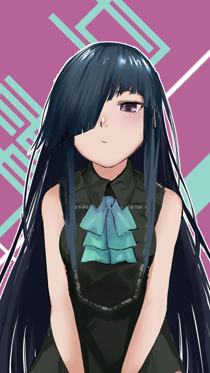 1girl alternate_costume aqua_neckwear bangs black_dress black_hair blush breasts closed_mouth dress hair_over_one_eye hayashimo_(kantai_collection) highres kantai_collection long_hair multicolored multicolored_background sakieko sidelocks sleeveless sleeveless_dress small_breasts solo violet_eyes