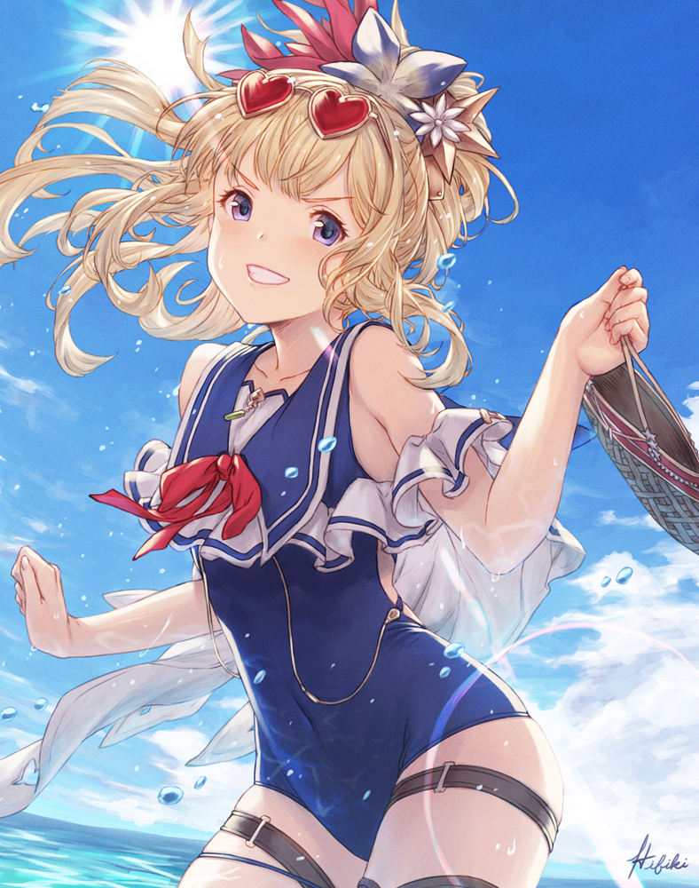 1girl bag blonde_hair blue_eyes blue_swimsuit cagliostro_(granblue_fantasy) clenched_teeth day eyewear_on_head garter_straps granblue_fantasy hair_ornament holding holding_bag ivris long_hair outdoors ponytail signature solo sunglasses sunlight swimsuit teeth water water_drop