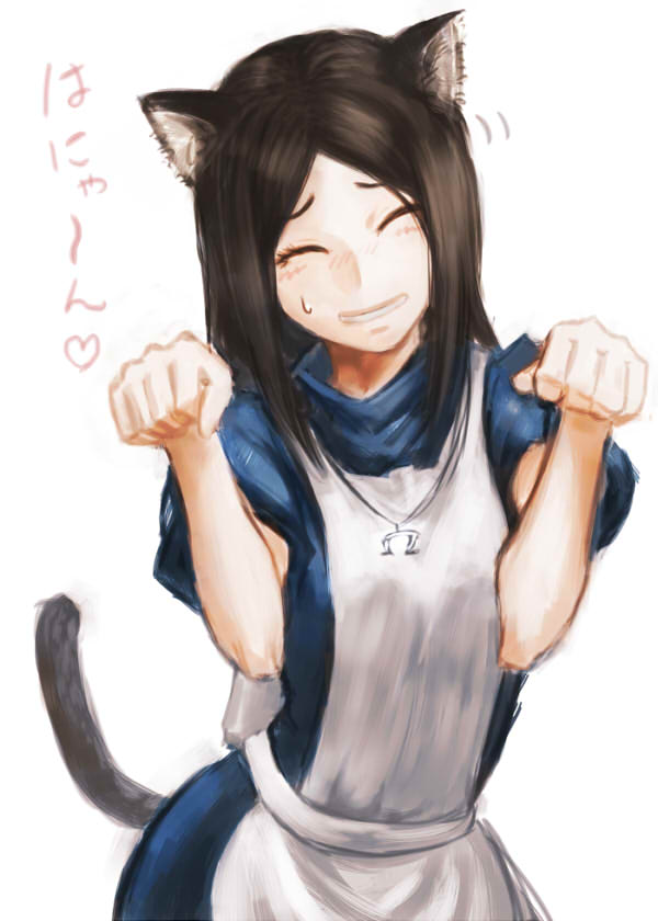 1girl alice:_madness_returns alice_(wonderland) alice_in_wonderland american_mcgee's_alice animal_ears apron black_hair breasts cat_ears cat_tail ceramic_man dress jewelry long_hair necklace simple_background smile solo tail white_background