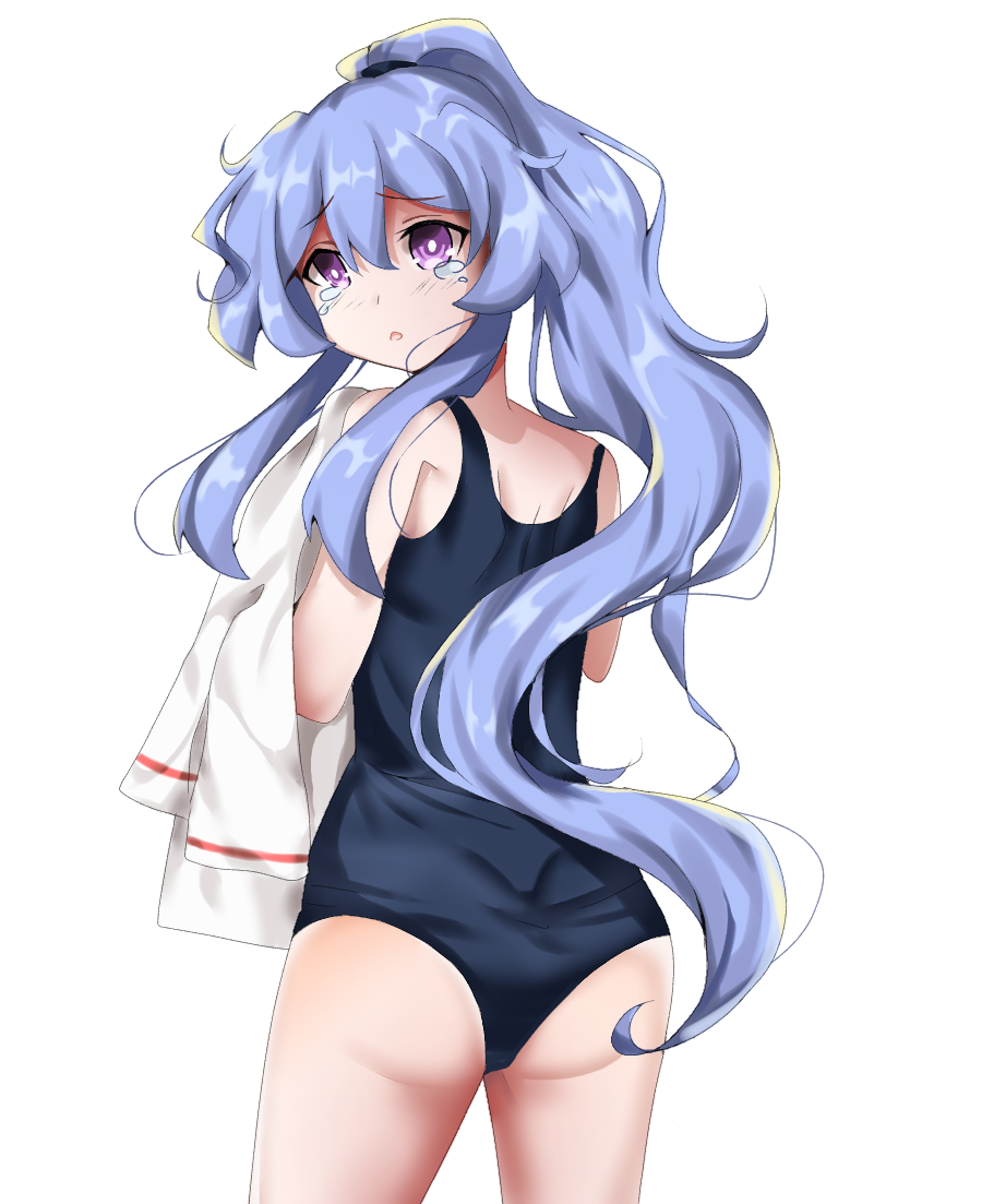 1girl artist_name ass back bare_shoulders beyblade beyblade:_burst blue_hair blush chankyone character_name crying formal legs long_hair nervous nishiro_nya open_eyes open_mouth short_twintails simple_background suit swimsuit twintails violet_eyes wavy_hair