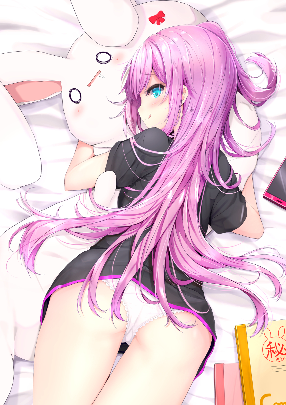 1girl :q ass bed_sheet black_shirt blue_eyes blush cellphone closed_mouth commentary_request highres kouda_suzu long_hair looking_at_viewer looking_back lying no_pants on_stomach one_side_up original panties phone pink_hair profile shirt short_sleeves smile solo stuffed_animal stuffed_bunny stuffed_toy t-shirt tongue tongue_out underwear very_long_hair white_panties