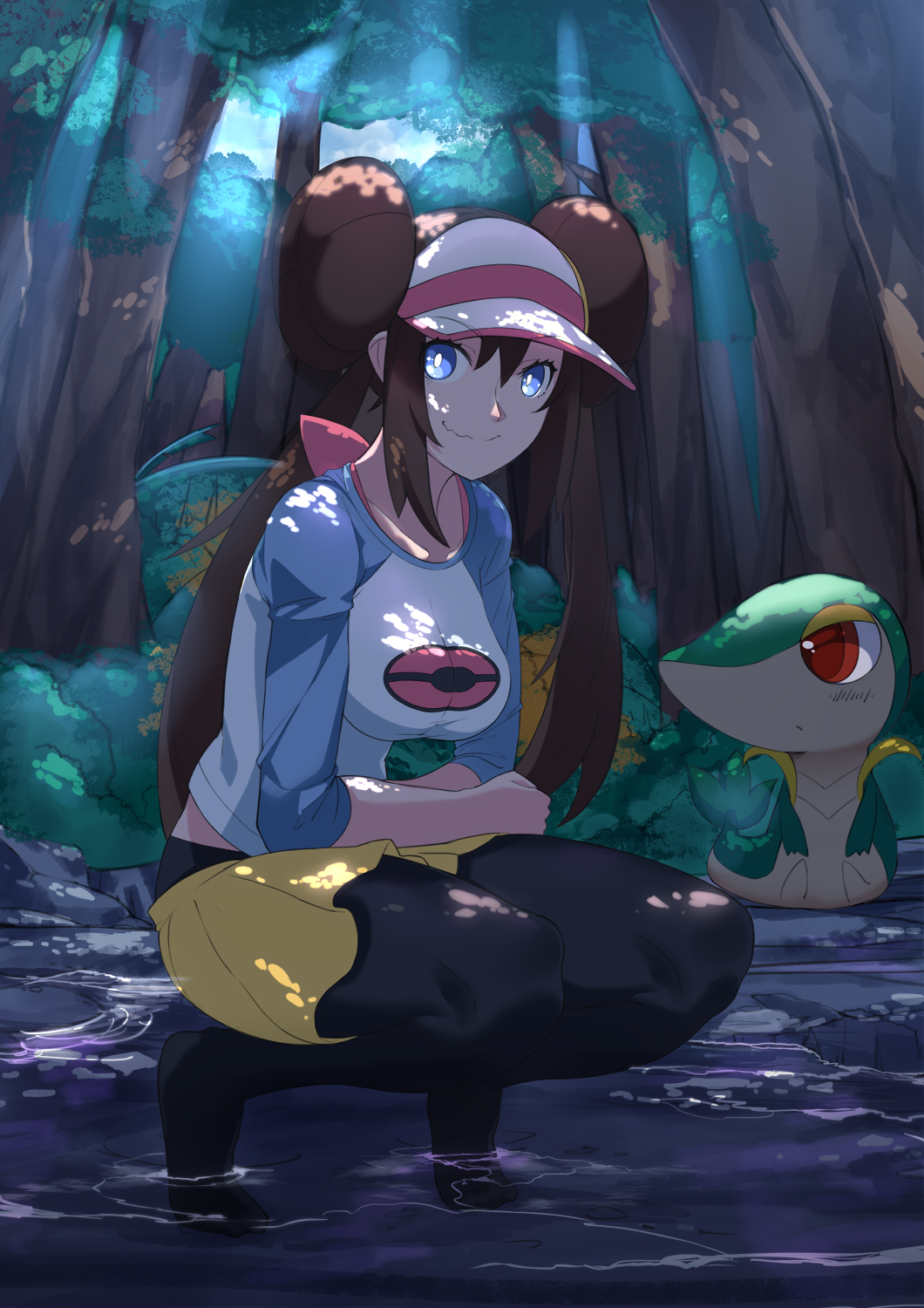 1girl black_legwear blue_eyes breasts brown_hair closed_mouth commentary double_bun eyebrows_visible_through_hat eyelashes full_body gen_5_pokemon highres legwear_under_shorts long_hair looking_at_viewer mei_(pokemon) mrnn outdoors pantyhose pokemon pokemon_(creature) pokemon_(game) pokemon_bw2 raglan_sleeves short_shorts shorts sidelocks sleeves_past_elbows smile snivy squatting starter_pokemon sunlight tree twintails two-tone_headwear visor_cap wading water wavy_mouth yellow_shorts