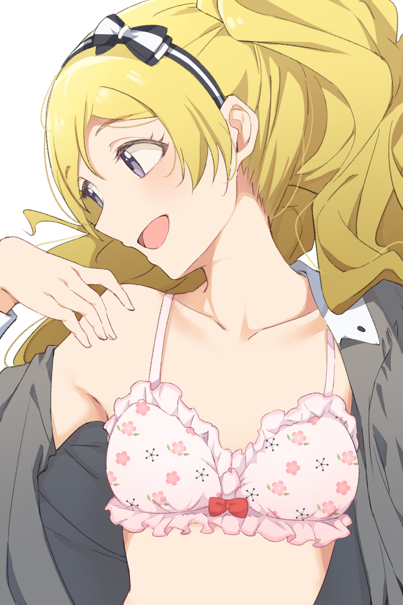 1girl bare_shoulders blonde_hair blouse blouse_removed blush bow bow_bra bow_hairband bra collarbone emily_stewart face floral_print frilled_bra frills grey_blouse hair_bow hair_up hairband hand_on_own_shoulder highres hiroki_(yyqw7151) idolmaster idolmaster_million_live! lying midriff pink_bra red_bow solo underwear violet_eyes