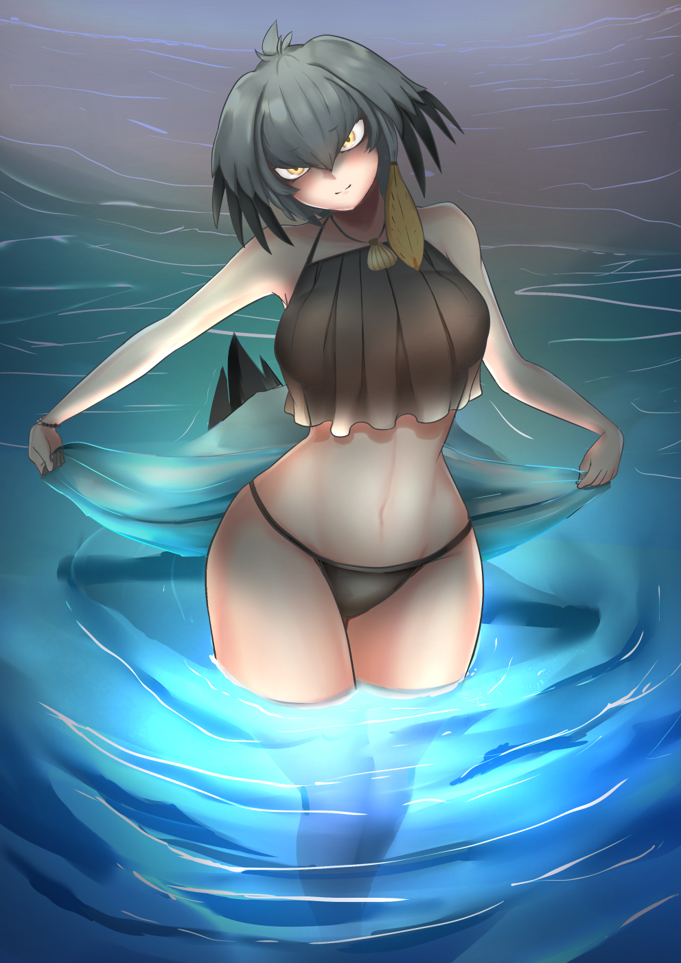 1girl bangs bare_arms bare_legs bare_shoulders beach bird_tail black_hair black_swimsuit breasts closed_mouth eyebrows_visible_through_hair grey_hair hair_between_eyes hair_intakes head_tilt highres jewelry john_(a2556349) kemono_friends large_breasts light long_hair looking_at_viewer multicolored_hair navel night orange_hair outdoors partially_submerged pendant sand shell shoebill_(kemono_friends) sidelocks smile solo standing stomach swimsuit tail tankini water yellow_eyes
