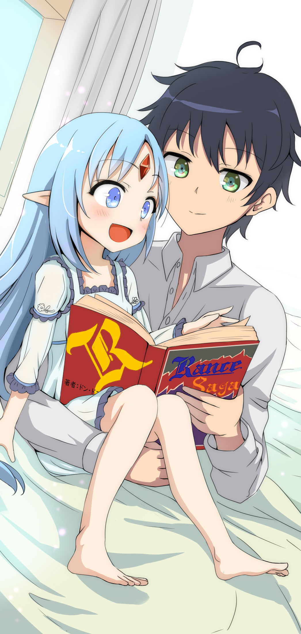 1boy 1girl :d ahoge bangs barefoot bed black_hair blue_eyes blue_hair blush book character_request closed_mouth collared_shirt commentary_request dress dress_shirt dutch_angle eyebrows_visible_through_hair forehead_jewel green_eyes highres holding holding_book long_hair long_sleeves norakon open_book open_mouth parted_bangs pointy_ears rance_(series) rance_10 rance_quest reset_kalar see-through see-through_sleeves shirt sitting smile under_covers very_long_hair white_dress white_shirt