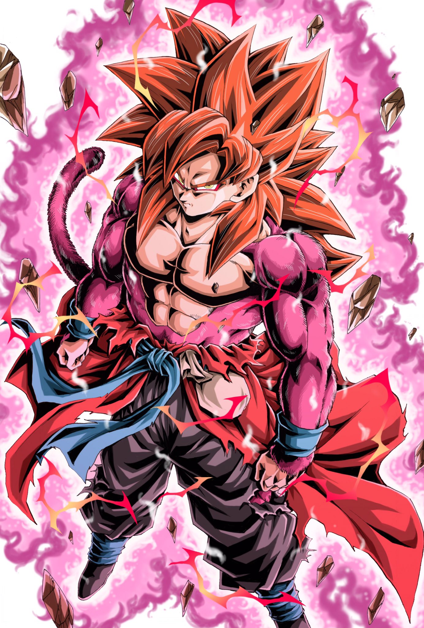 1boy aura big_hair bracelet chest closed_mouth commentary_request dragon_ball dragon_ball_heroes floating_rock fur highres jewelry looking_at_viewer male_focus muscle pink_fur redhead serious solo son_gokuu son_gokuu_(xeno) spiky_hair standing super_saiyan super_saiyan_4 super_saiyan_god yellow_eyes youngjijii