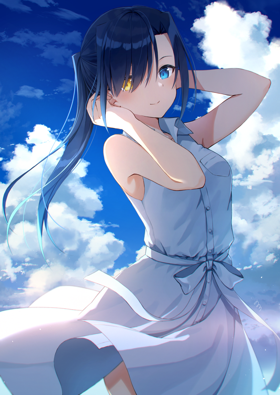 1girl arms_up bare_arms bare_shoulders black_hair blue_eyes blush breast_pocket closed_mouth clouds cloudy_sky collared_dress commentary_request cowboy_shot day dress hair_over_one_eye hands_in_hair heterochromia highres long_hair looking_at_viewer nonono original outdoors pocket ribbon side_ponytail sky sleeveless sleeveless_dress smile solo white_dress white_ribbon yellow_eyes
