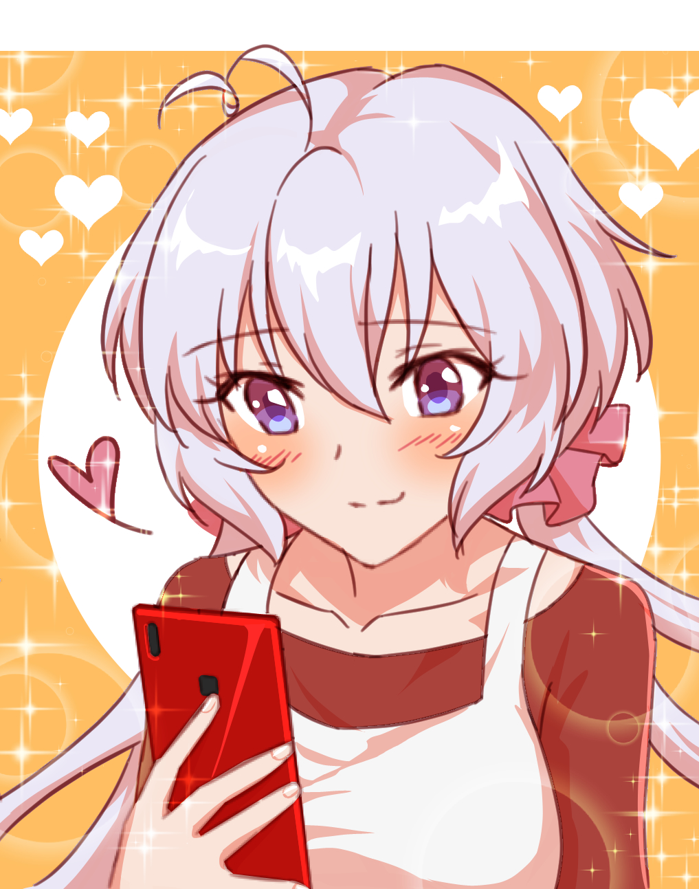 1girl ahoge axia-chan bangs blue_eyes blush brown_shirt cellphone closed_mouth collarbone eyebrows_visible_through_hair floating_hair hair_between_eyes heart highres holding holding_phone long_hair phone senki_zesshou_symphogear shiny shiny_hair shirt silver_hair smartphone smile solo sparkle upper_body very_long_hair yellow_background yukine_chris