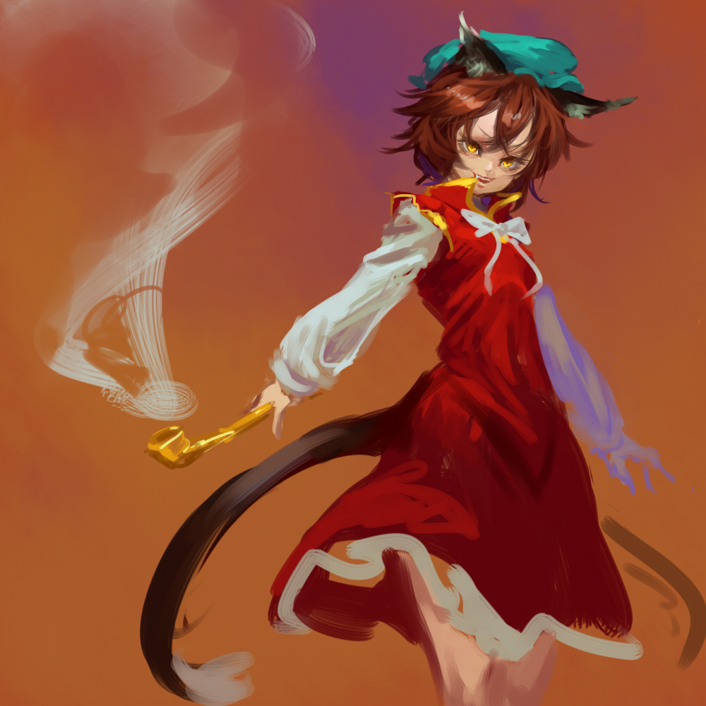 1girl animal_ears blue_headwear brown_hair cat_ears cat_tail chen dress fang hat holding inishie_kumo long_sleeves looking_at_viewer multiple_tails nekomata orange_background pipe red_dress shirt smile solo standing tail touhou two_tails white_shirt yellow_eyes