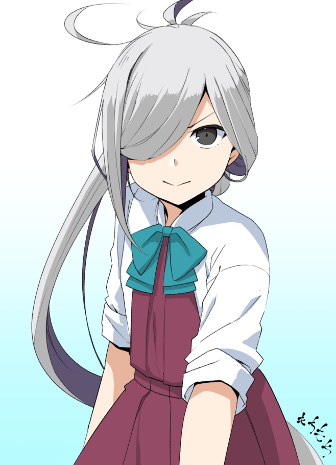 1girl ahoge asashimo_(kantai_collection) bow bowtie cowboy_shot english_commentary gradient gradient_background green_background grey_eyes hair_over_one_eye headband kantai_collection long_hair looking_at_viewer moti_coi ponytail school_uniform shirt silver_hair sleeves_rolled_up solo white_background white_shirt