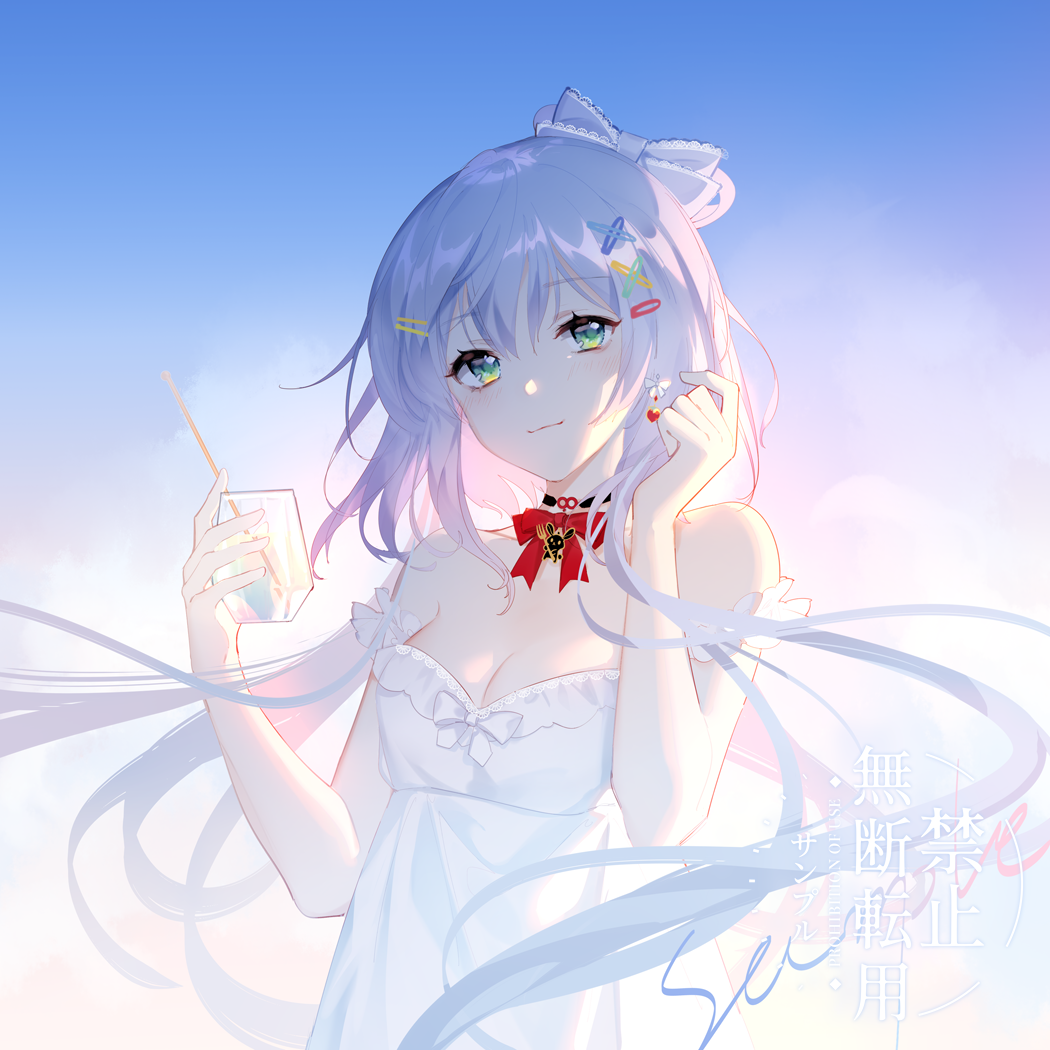 1girl bangs bare_shoulders blush bow chinese_commentary closed_mouth commentary cup dress drinking_glass drinking_straw eyebrows_visible_through_hair green_eyes grey_bow hair_between_eyes hair_bow hair_ornament hairclip hands_up holding holding_cup long_hair looking_at_viewer luo_tianyi red_bow sample silver_hair sleeveless sleeveless_dress smile solo strap_slip translated upper_body very_long_hair vocaloid white_dress x_hair_ornament yu_jiu