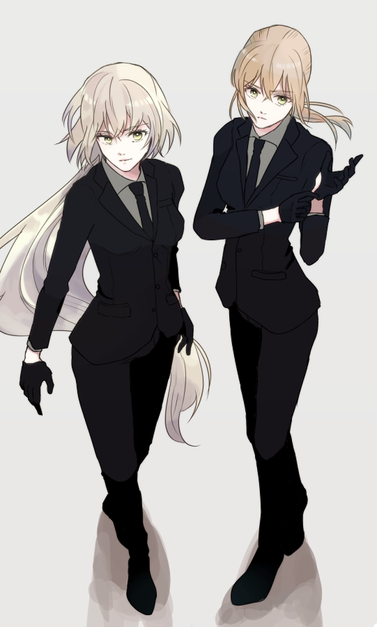 2girls artoria_pendragon_(all) blonde_hair breasts commentary_request eyebrows_visible_through_hair fate/grand_order fate_(series) formal full_body gloves grey_background hair_between_eyes jeanne_d'arc_(alter)_(fate) jeanne_d'arc_(fate)_(all) long_hair long_sleeves looking_at_viewer medium_breasts medium_hair multiple_girls necktie ponytail saber_alter simple_background standing suit takixxxx very_long_hair white_hair yellow_eyes