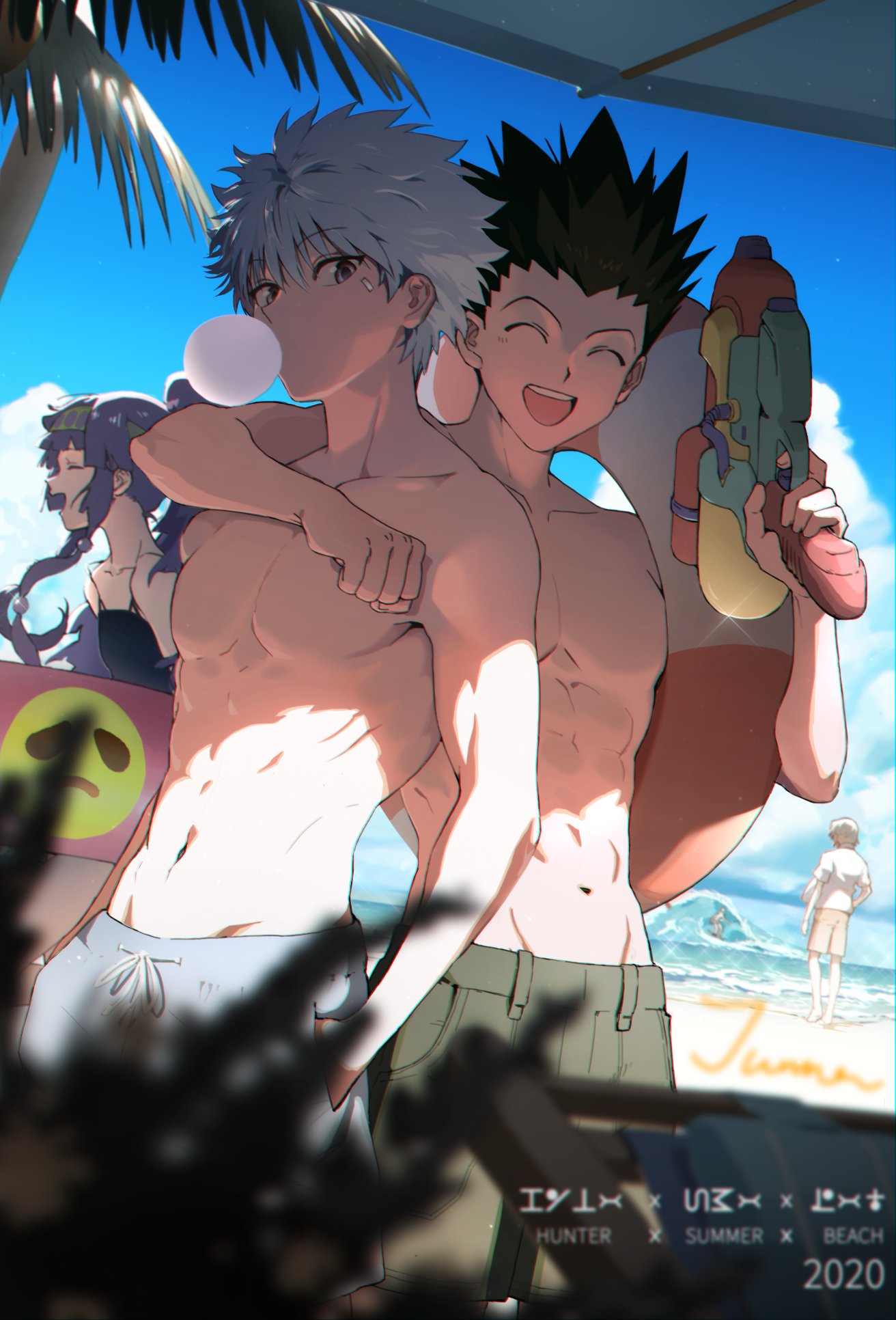 1other 3boys abs alluka_zoldyck arm_around_shoulder black_hair blonde_hair bubble_blowing chewing_gum closed_eyes clouds cloudy_sky day gelogameshen68 gon_freecss highres hunter_x_hunter killua_zoldyck kurapika long_hair male_focus male_swimwear multiple_boys navel open_mouth outdoors palm_tree siblings sky smile spiky_hair summer swimwear toned toned_male tree upper_body white_hair