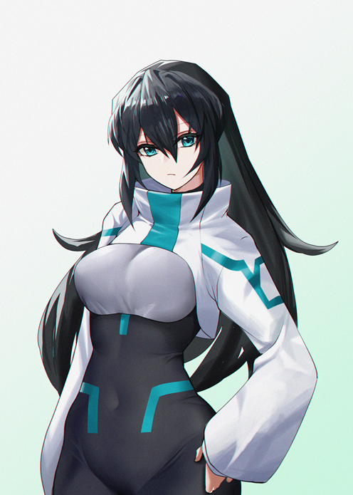 aqua_eyes bangs black_hair blue_background bodysuit breasts closed_mouth covered_navel cowboy_shot expressionless gradient gradient_background gundam_build_divers_re:rise hair_between_eyes hand_on_hip high_collar long_hair long_sleeves may_(gundam_build_divers_re:rise) medium_breasts shrug_(clothing) sidelocks skin_tight xiujia_yihuizi