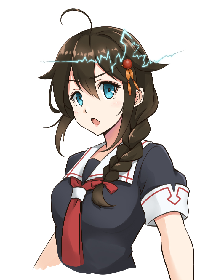 1girl ahoge black_serafuku blue_eyes blush braid brown_hair cropped_arms cropped_torso eyebrows_visible_through_hair hair_flaps kantai_collection kodama_(mmt_uf) long_hair neckerchief open_mouth red_neckwear remodel_(kantai_collection) school_uniform serafuku shigure_(kantai_collection) short_sleeves simple_background single_braid solo white_background