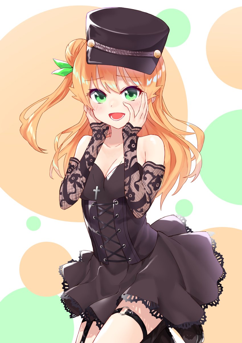 black_dress blush boots daifuku_(tkja3555) dress eyebrows_visible_through_hair frills gothic gothic_lolita hair_bun hair_ornament hair_ribbon hat highres hinatsuki_mikan lolita_fashion long_hair machikado_mazoku open_mouth orange_hair ribbon smile solo