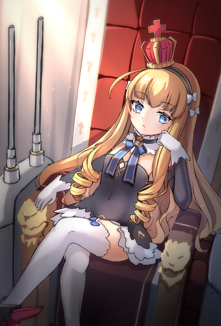 1girl azur_lane bangs black_hairband black_sleeves blonde_hair blue_bow blue_eyes blush bow breasts cannon closed_mouth commentary_request crossed_legs crown detached_sleeves dress eyebrows_visible_through_hair gloves grey_dress hairband hand_up highres long_hair long_sleeves looking_at_viewer mini_crown miya_(miyaruta) queen_elizabeth_(azur_lane) ringlets rudder_footwear sitting small_breasts solo strapless strapless_dress thigh-highs throne tilted_headwear turret very_long_hair white_bow white_gloves white_legwear