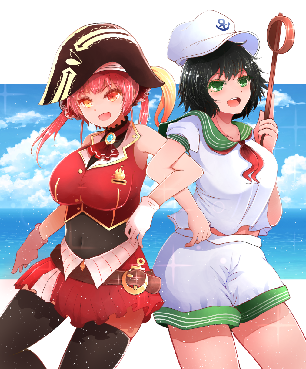 2girls arano_oki arm_up armpits beach belt black_hair black_legwear blonde_hair blue_sky breasts brooch clouds commentary_request cowboy_shot cravat crossover dress gloves gradient_hair green_eyes green_sailor_collar hat heterochromia highres hishaku hololive horizon houshou_marine impossible_clothes impossible_dress jewelry large_breasts leotard_under_clothes locked_arms looking_at_viewer midriff_peek multicolored_hair multiple_girls murasa_minamitsu neckerchief ocean one_side_up open_mouth pink_hair pirate_hat red_dress red_eyes red_neckwear sailor_collar sailor_hat shirt short_dress short_hair short_sleeves shorts sky sleeveless sleeveless_dress sparkle standing thigh-highs touhou upper_teeth virtual_youtuber water_drop white_gloves white_shirt white_shorts yellow_eyes