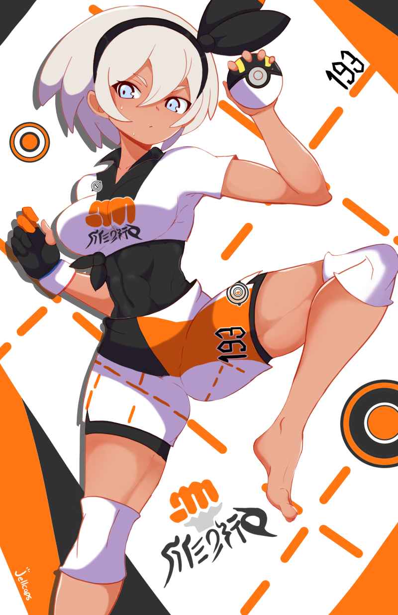 1girl bangs barefoot black_bodysuit black_hairband blue_eyes bodysuit bodysuit_under_clothes breasts collared_shirt commentary covered_navel dynamax_band english_commentary gloves grey_hair gym_leader hair_between_eyes hairband highres holding holding_poke_ball jellcaps knee_pads leg_up number poke_ball pokemon pokemon_(game) pokemon_swsh print_shirt print_shorts saitou_(pokemon) shirt short_hair short_sleeves shorts single_glove solo tied_shirt ultra_ball