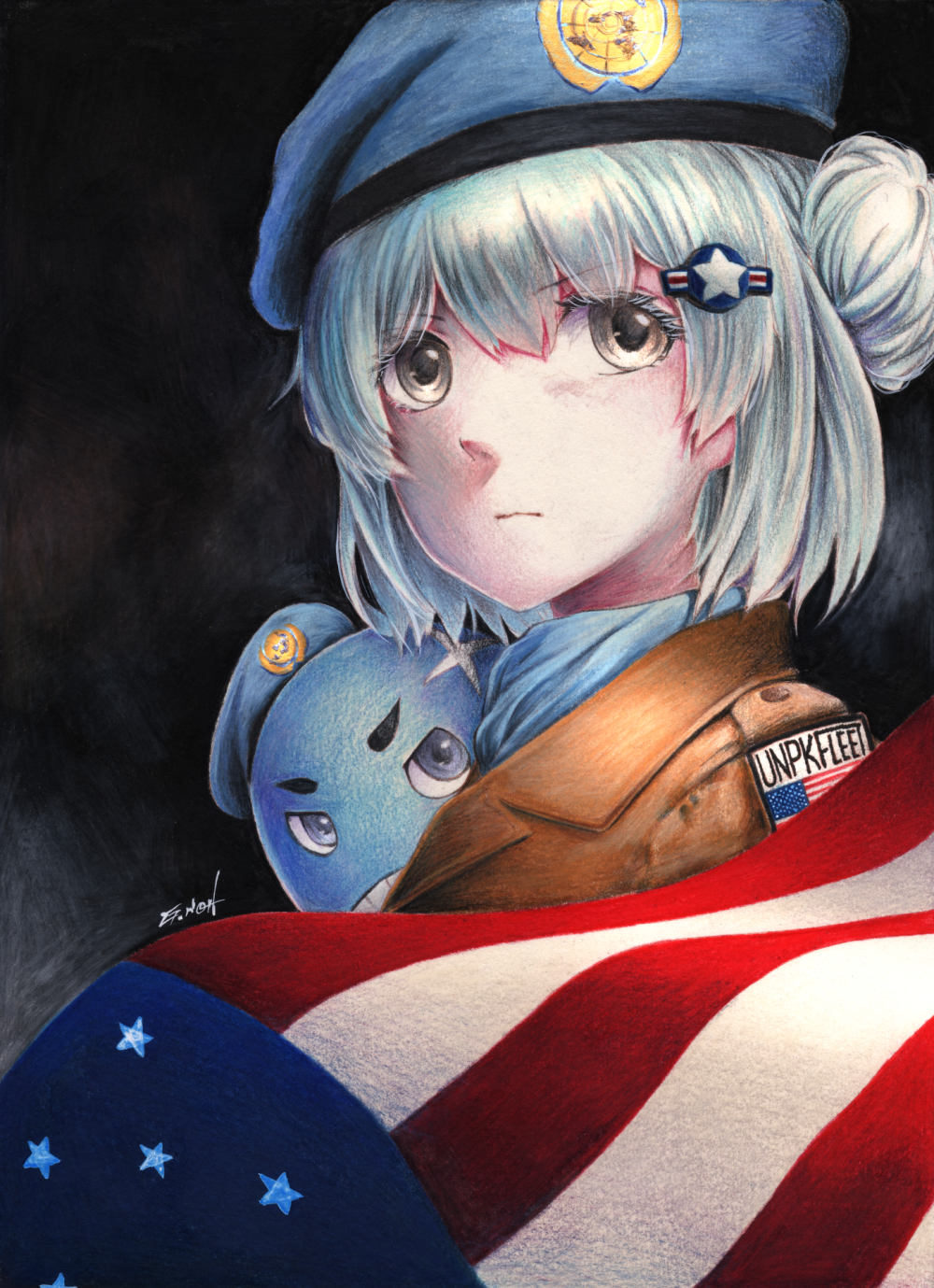 1girl alternate_costume american_flag badge beret blue_hair blue_headwear commentary_request double_bun hair_ornament hairclip hat highres kantai_collection little_blue_whale_(kantai_collection) military military_uniform millipen_(medium) samuel_b._roberts_(kantai_collection) short_hair tesun_(g_noh) traditional_media uniform watercolor_pencil_(medium) whale yellow_eyes