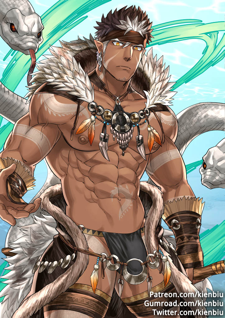 1boy abs bara beard brown_hair bulge chest dark_skin dark_skinned_male facial_hair headband jewelry kienbiu looking_at_viewer male_focus manly muscle navel necklace nipples pectorals pointy_ears revealing_clothes snake solo spiky_hair tangaroa tattoo tokyo_houkago_summoners upper_body white_hair yellow_eyes