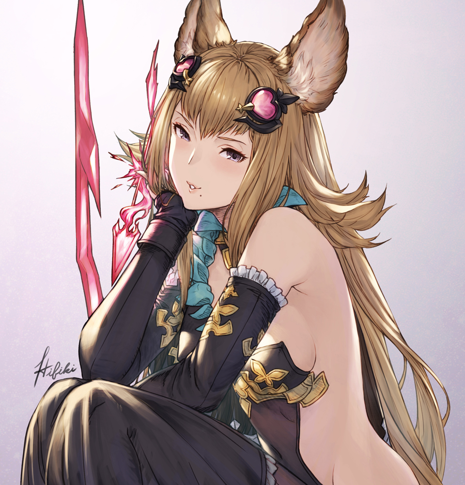 1girl animal_ears artist_name bare_back bare_shoulders black_legwear blonde_hair breasts commentary_request detached_sleeves erune granblue_fantasy hair_ornament ivris looking_at_viewer medium_breasts metera_(granblue_fantasy) mole mole_under_mouth solo thigh-highs violet_eyes