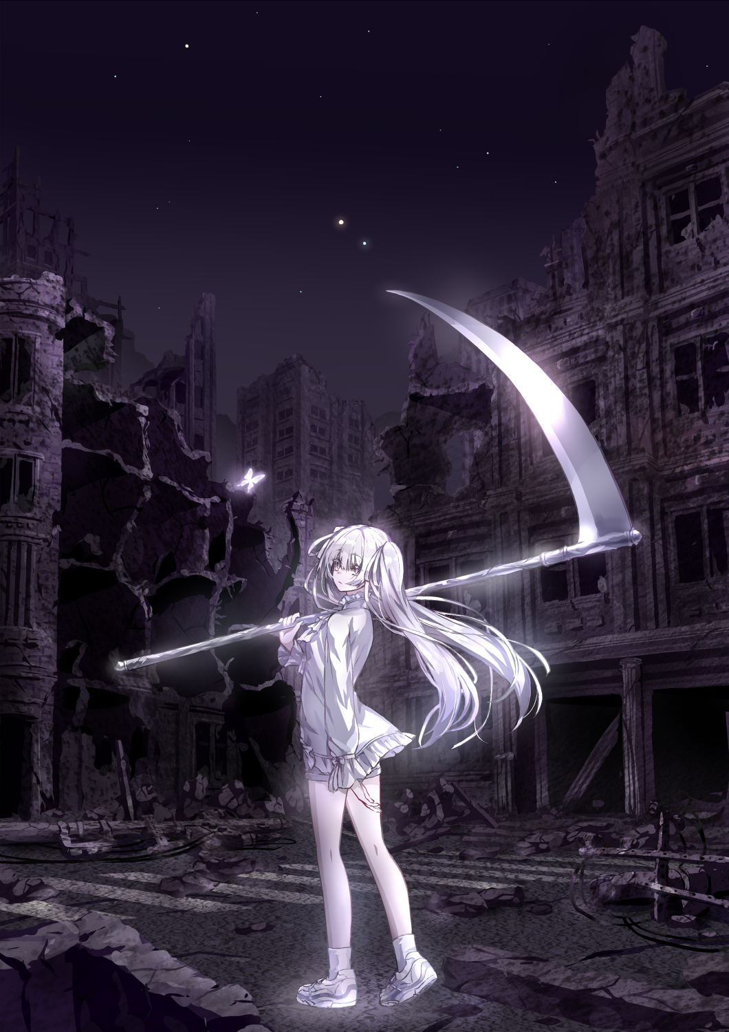 1girl bug butterfly expressionless floating_hair from_behind full_body glowing highres holding holding_scythe insect long_hair long_sleeves looking_at_viewer looking_back night original ramuya_(lamb) ruins scythe shirt shoes short_shorts shorts sneakers socks solo standing star_(sky) thighs twintails white_eyes white_footwear white_hair white_legwear white_shirt white_shorts